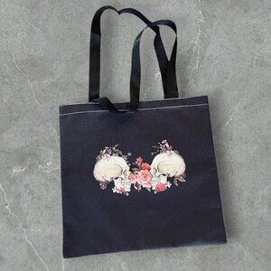 Skulls & Pink Roses Black Fabric Canvas Strap Everyday Tote Bag